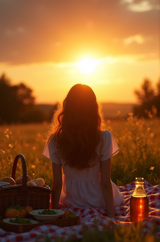 ((best quality)), ((masterpiece)), of beautiful countryside with a beautiful sun, and silhouette of a girl with wavy hair from behind, sitting on a picnic blanket and next to her, a picnic basket and some food and you and drinks