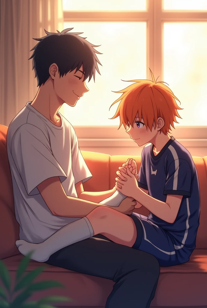 A side view of Kageyama from Haikyuu sitting on a couch, with only Shoyo Hinata's feet resting in Kageyama's lap. Kageyama is gently holding Hinata's ankles. Hinata is wearing his Karasuno High School volleyball uniform and white socks that reach his ankles. His eyes, a deep, hypnotic violet, like amethysts, suggest he is under a trance. His gaze is distant and unfocused, as if unaware of Kageyama's presence. His signature orange hair is slightly tousled. Kageyama, slightly older, gazes down at Hinata's feet with a knowing smile, as if sharing a secret. The scene is bathed in soft, warm light, creating a peaceful and intimate atmosphere. The artwork should be in the style of the Haikyuu anime, with vibrant colors, dynamic lines, and expressive characters.
