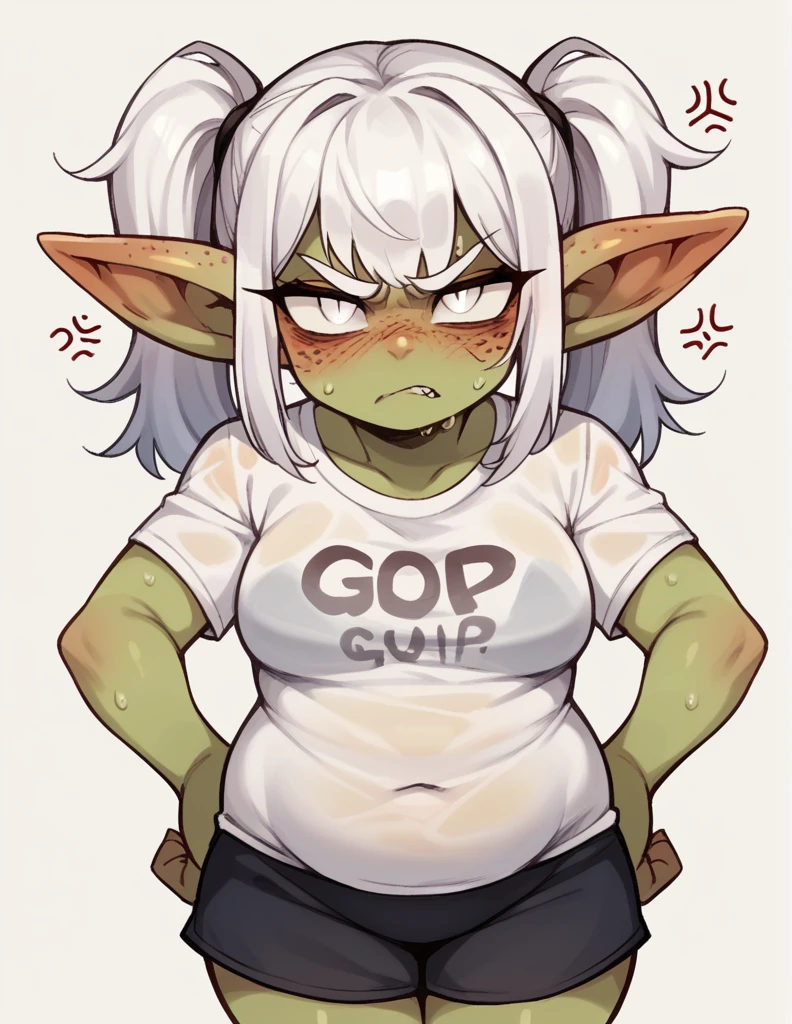 A goblin raping a girl ,stortstack,{{Wearing a white wet translucent T-shirt}}(white Hair,Double ponytails),bangs(Heavy sweating)Angry(anger)(Cheek puffing),Hands on hips,blush,Freckles on the face,chubby,white eyes,individual, simple background,