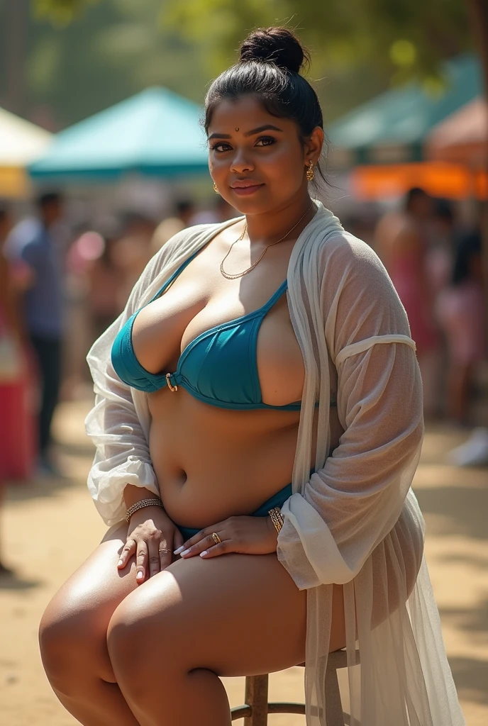 Arabian girl with extreme big tits full body age 30 in bikini at Farmers' Market in the Square