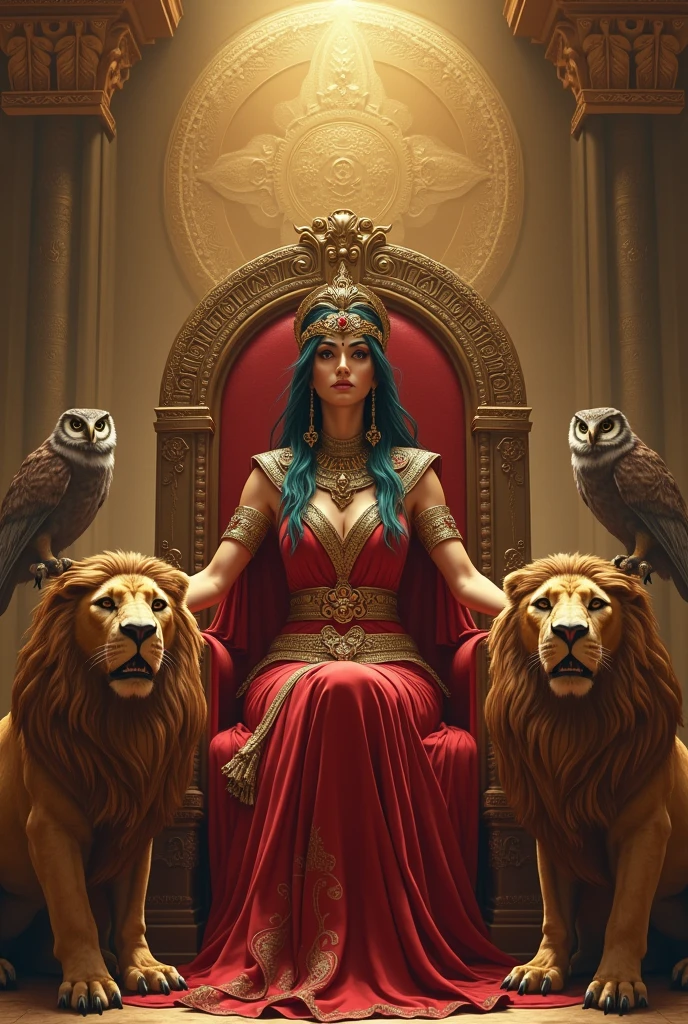 Artwork of the goddess Ishtar sitting on her throne with two lions and two owls