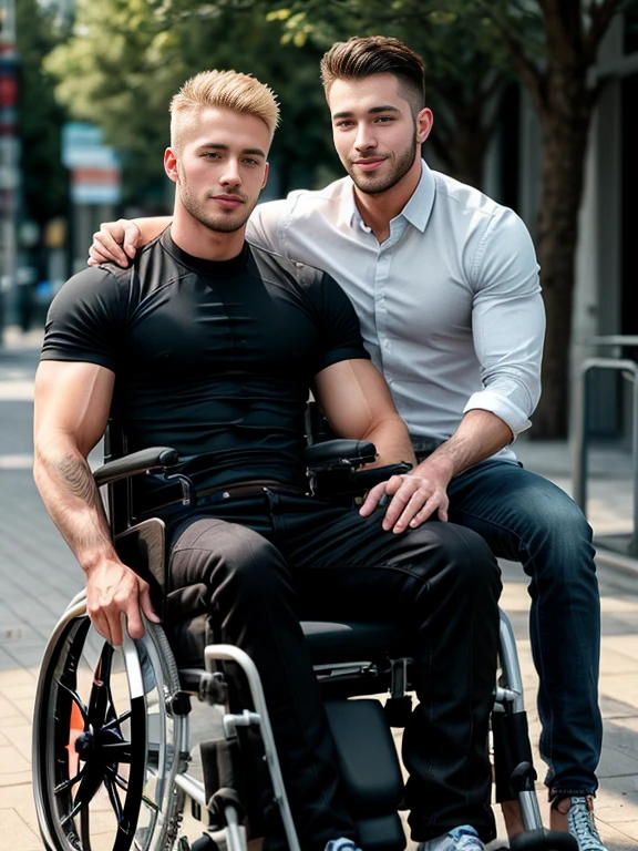 Handsome blond man, He is a wheelchair user, is sitting in a wheelchair with his hand on the wheels, paralyzed legs, gay, the boyfriend is next to him, are in the room wearing only underwear