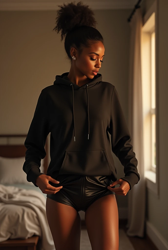 black woman hair in a bun black hoodie bending over pulling up her black leather short shorts up her legs. in her bedroom putting on her clothes
