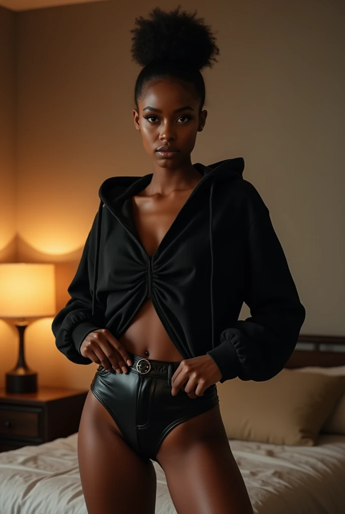 black woman hair in a bun black hoodie bending over pulling up her black leather short shorts up her legs. in her bedroom putting on her clothes
