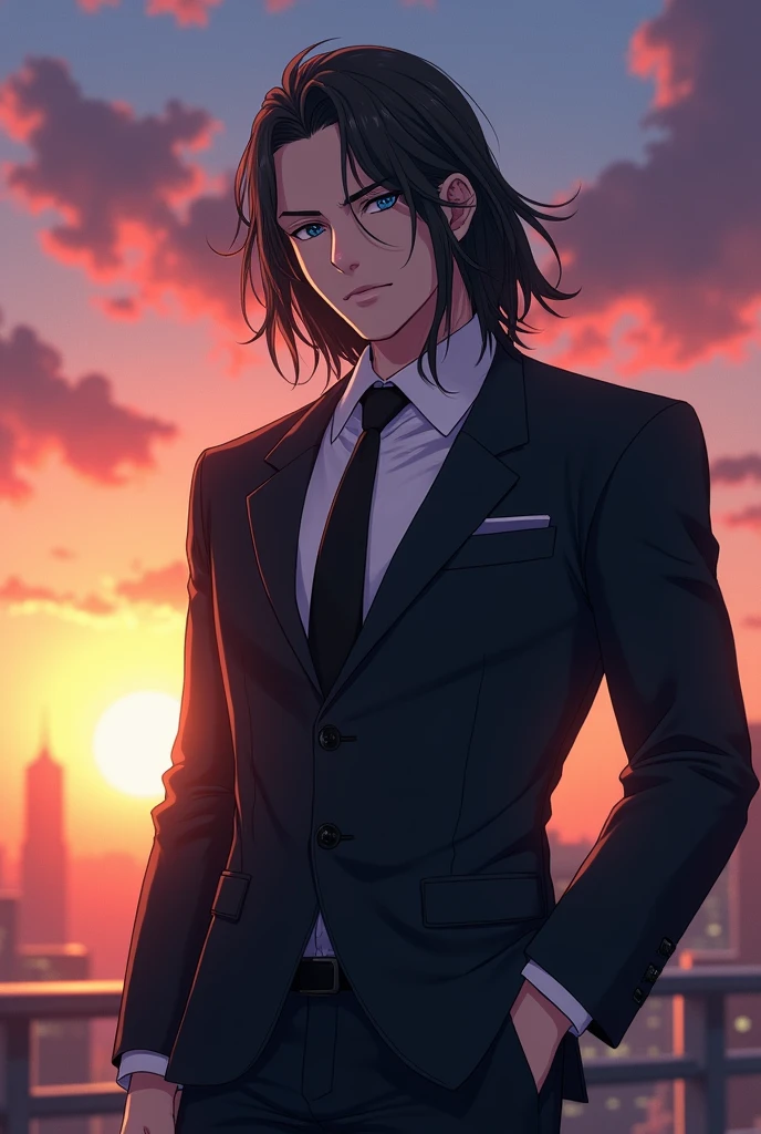anime character, masculine, 1.87 height, dull crystal blue eye color, cold expression, wearing a suit and looking forward, very realistic, Medium long, slicked back dark honey colored hair, background behind him a beautiful sunset, Your fractions should have a slight feminine touch, that can be seen from the waist up and that is physically strong 