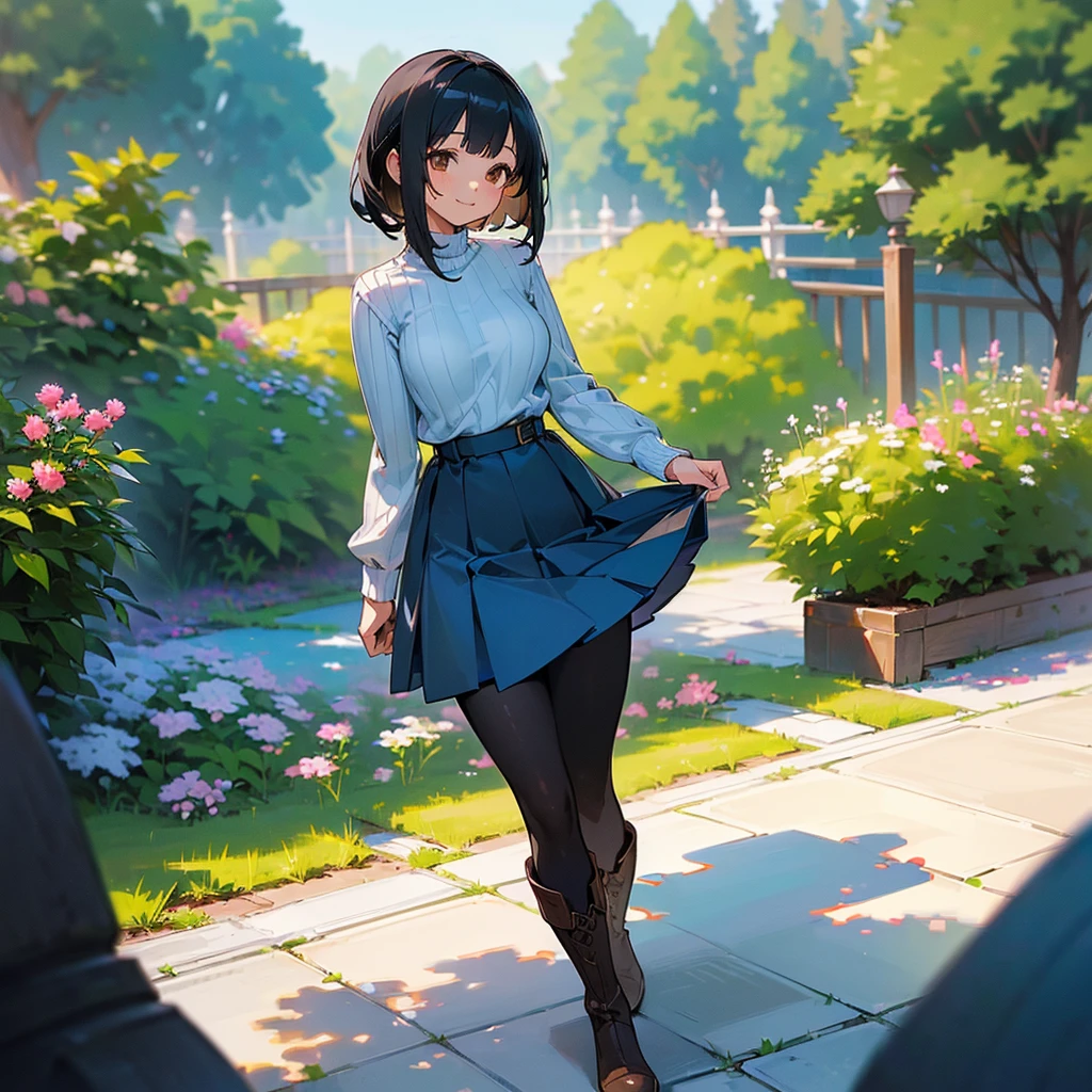 (high quality, High resolution, Very detailed, reality:1.37), Peaceful atmosphere, (Outdoor, garden), age girl standing alone, (my breasts are big.), Beautiful details, Cute Smile, (Black bob hair), Ribbed sweater, Blue Skirt, Black tights, Brown boots.