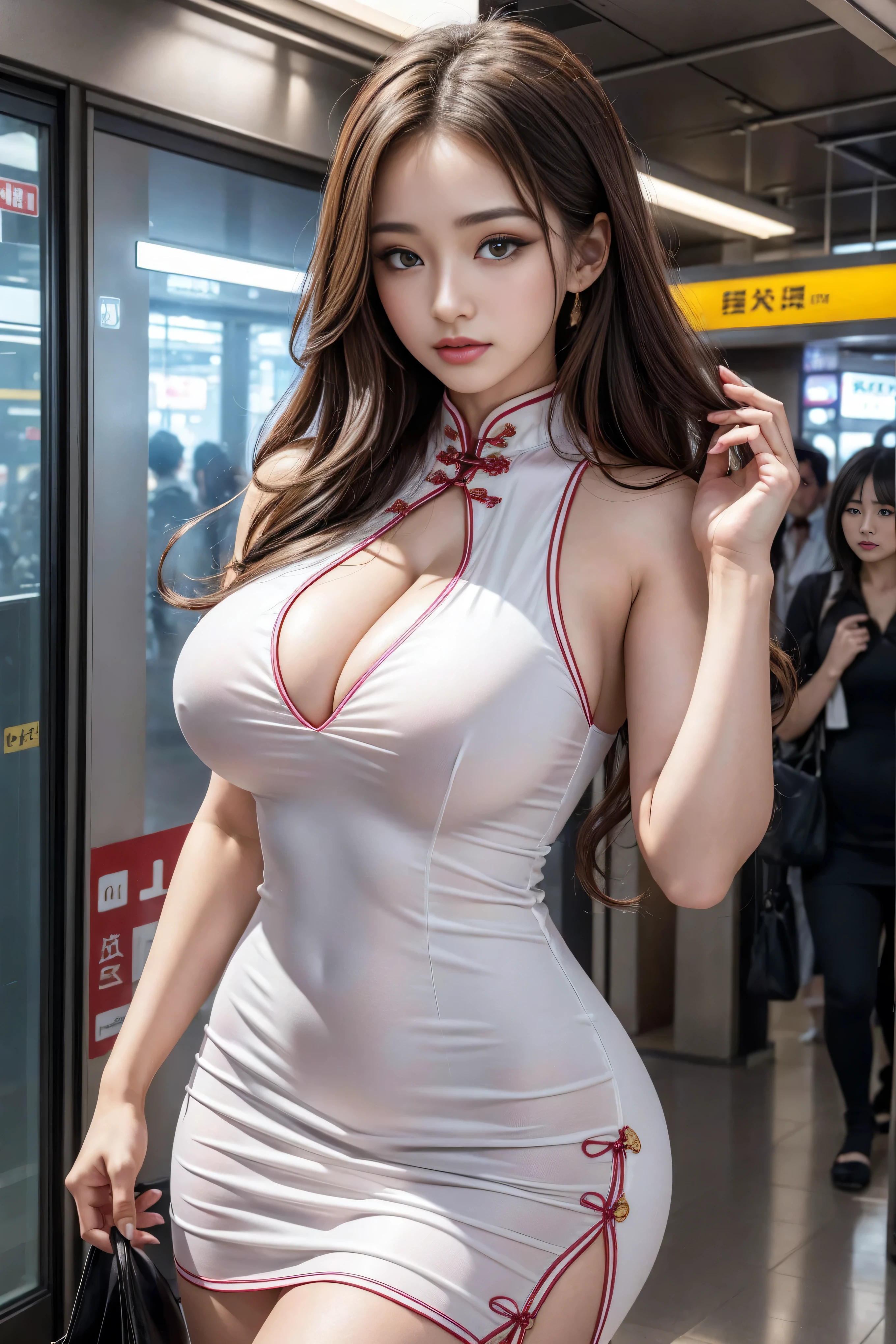 (1 girl), beautiful, Amazing face and eyes, Long curly brown hair,cosmetic, (Extremely delicate beautiful face), (The sexiest look), (beautiful big breasts:1.1), (best quality:1.4), (Ultra Detailed), (Extremely detailed CG unified 8k wallpaper), Very detailed, original photo, Professional photography, ((cheongsam)), (Tight dress), (Super short cheongsam),Tokyo Subway Station、MRT station,whole body