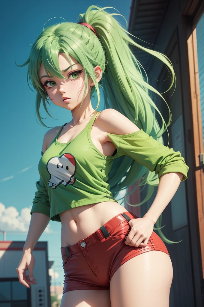 a cartoon girl with green hair and a red shirt, 2 d anime style, anime vibes, anime style illustration, anime style, anime styled, 9 0 s anime art style, 90s anime style, 9 0 s anime style, anime style artwork, flat anime style, anime art style, anime style 4 k, anime style art, anime style character