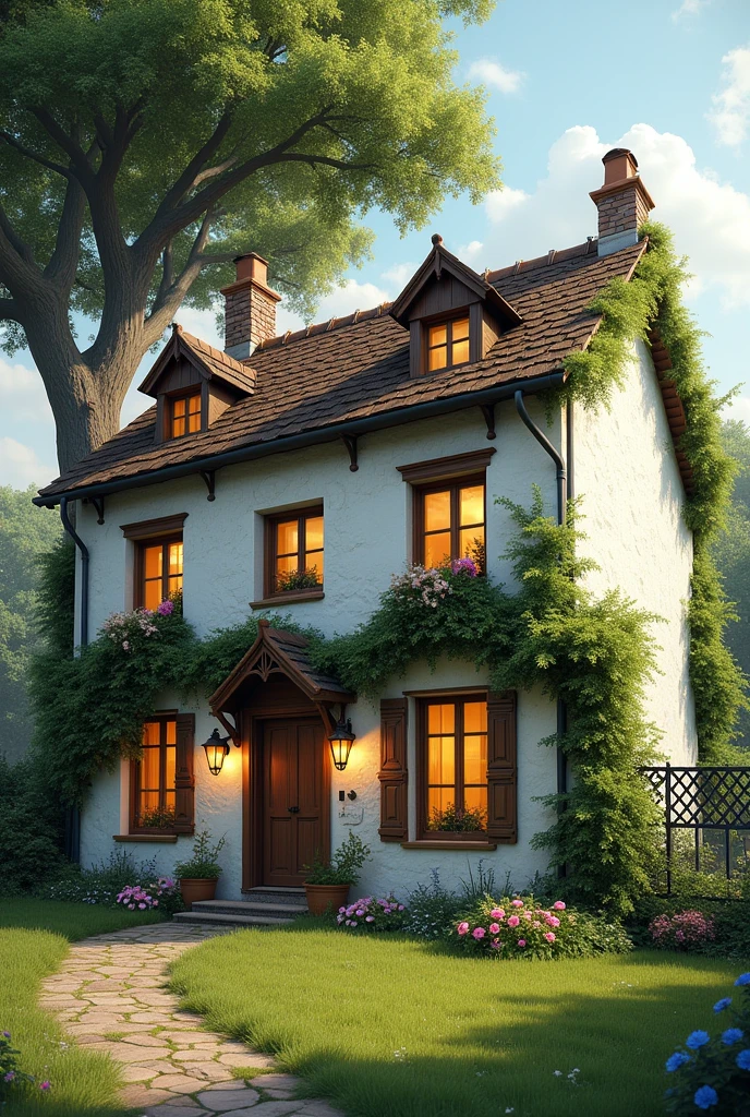A house with two floors, white with the appearance of ancient stones, full of windows that shine the warm yellowish lighting through a brown window. Cottage style roof with green foliage falling over the gutter.
The house is on a green lawn, with a leafy tree on the left side and colorful flowers at the foot of the tree
