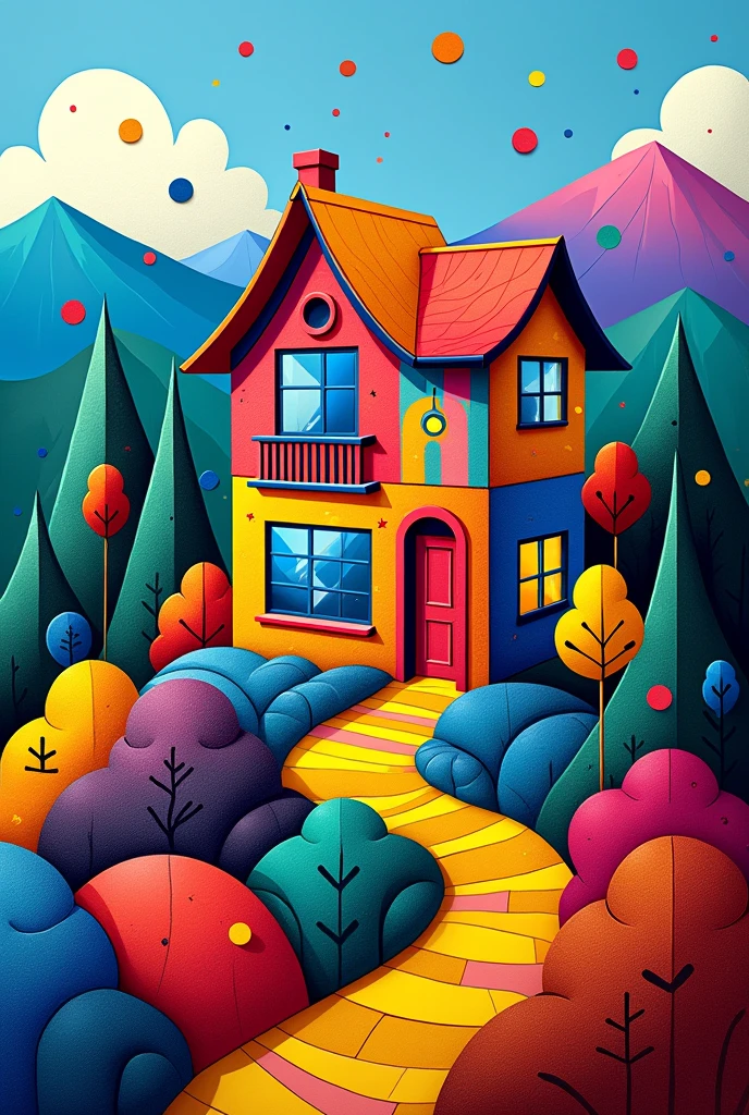 Create an image like the works of Romero Britto, a square image with a house on the mountain 