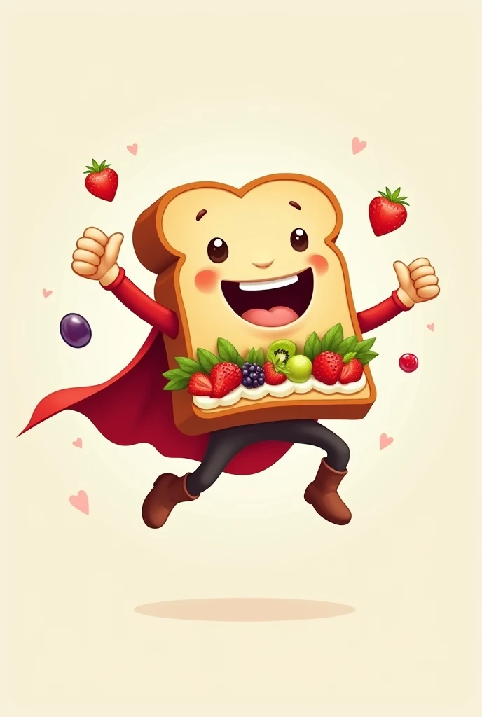 make me a logo for a fruit sandwich with cream where the sandwich is flying like Superman but there is no Superman logo Behind the sandwich there is cream and fruit such as strawberries, grapes and kiwi the sandwich is flying has hands and feet