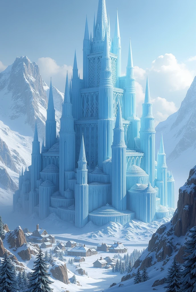 Make me a gigantic, imposing ice castle with an ice fortress in winter next to a big village