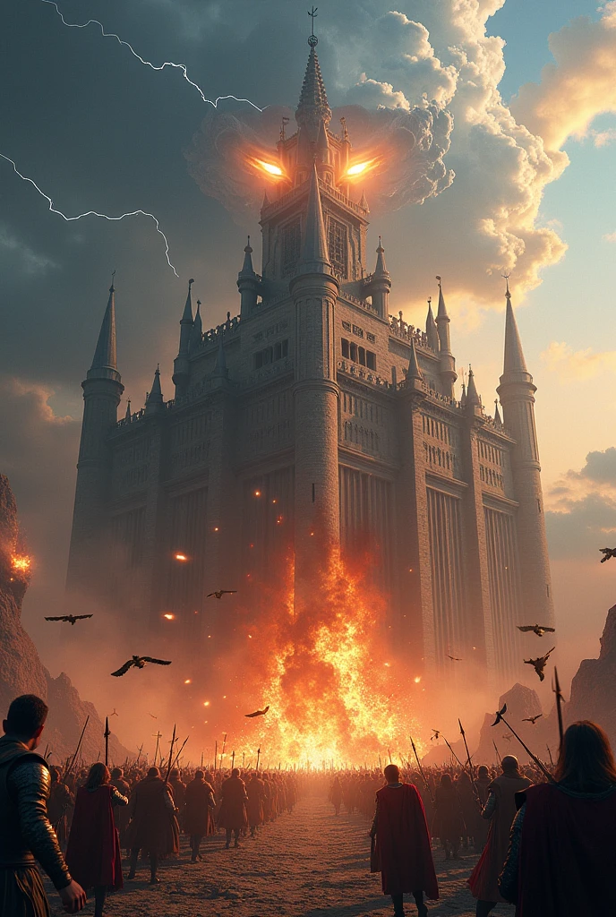 Asgard Castle in Flames, natta, lightning, thor's face with helmet in the clouds, Valkyrie warriors in the sky, viking warriors on the ground