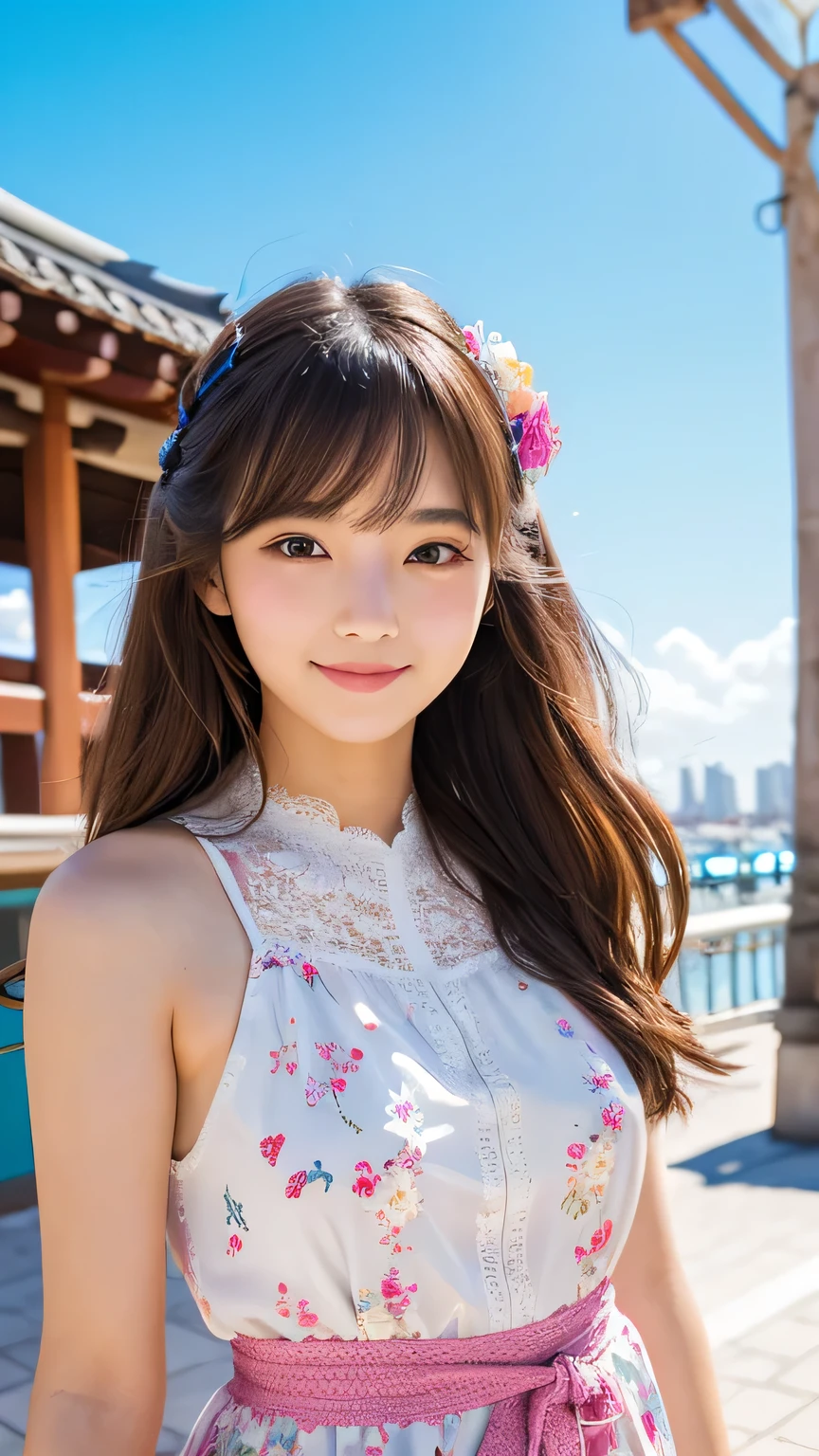 Japanese girl、Beautiful young woman with a charming smile, Wearing delicate clothes, Colorful lace camisole decorated with floral patterns. Bold Pose、whole body、She has been a long time, Flowing hair styled with accessories, Gives a cute and playful look. The background is a warm, soft blur., The dazzling sunlight of perpetual summer,Mediterranean cityscape with clear water and blue sky in the background、 Emphasizing her mysterious and captivating presence.