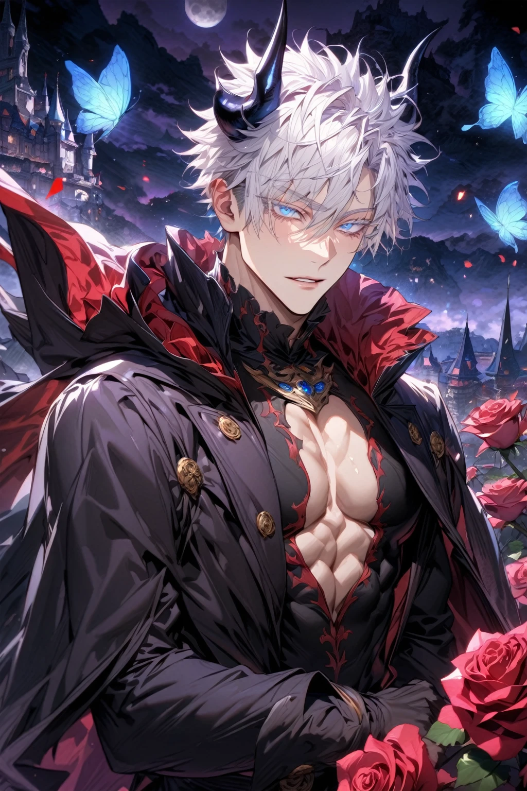 absurdres, highres, ultra detailed, HDR, master piece, best quality, Gojou Satoru, white hair, expressive blue eyes, white eyelashes, Jujutsu Kaisen, solo, sexy man, handsome, horny, lewd, demon, horns, black leather clothes, red cape, accessories, showing the chest, red sky, red moon, red trees, red spider lilies, fantasy, dark magic, Nu Carnival