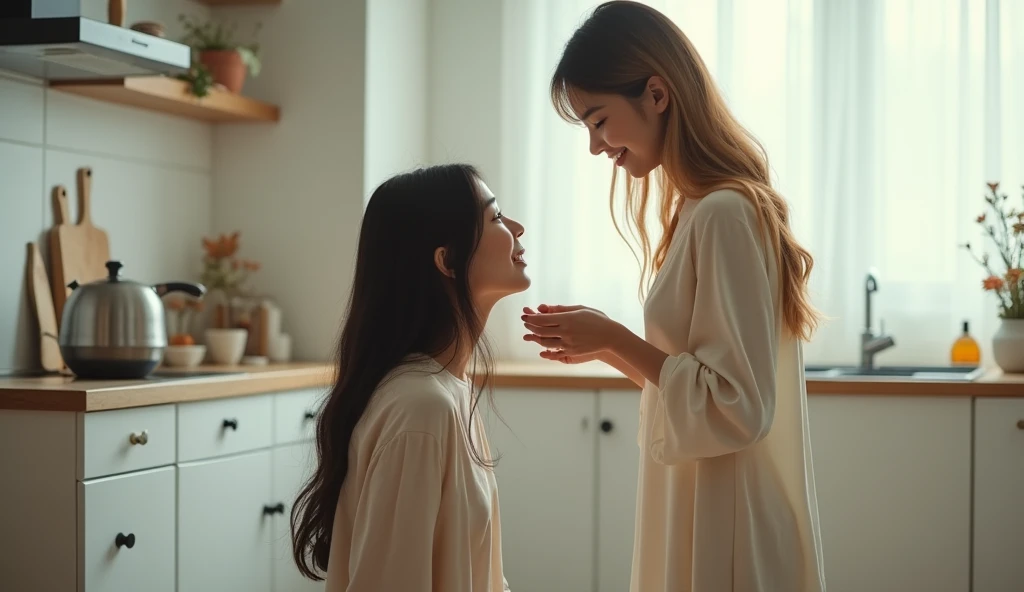 an asian woman with long black hair standing in front of another asian woman with long blonde hair kneeling proposing in a white kitchen realistic cinematic