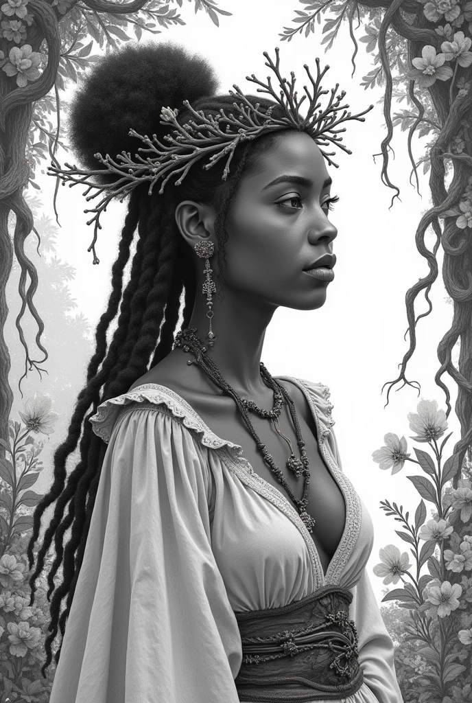 1 beautiful woman, darkskin, steep nose, fine lips, extremely long hair (blackw), busty, {muscular}, {tribal neck tattoo}, using military dog tag, wearing tank top (offwhite), {Centered image}, {just face and chest photo}, background forest (at dusk), manga line art
