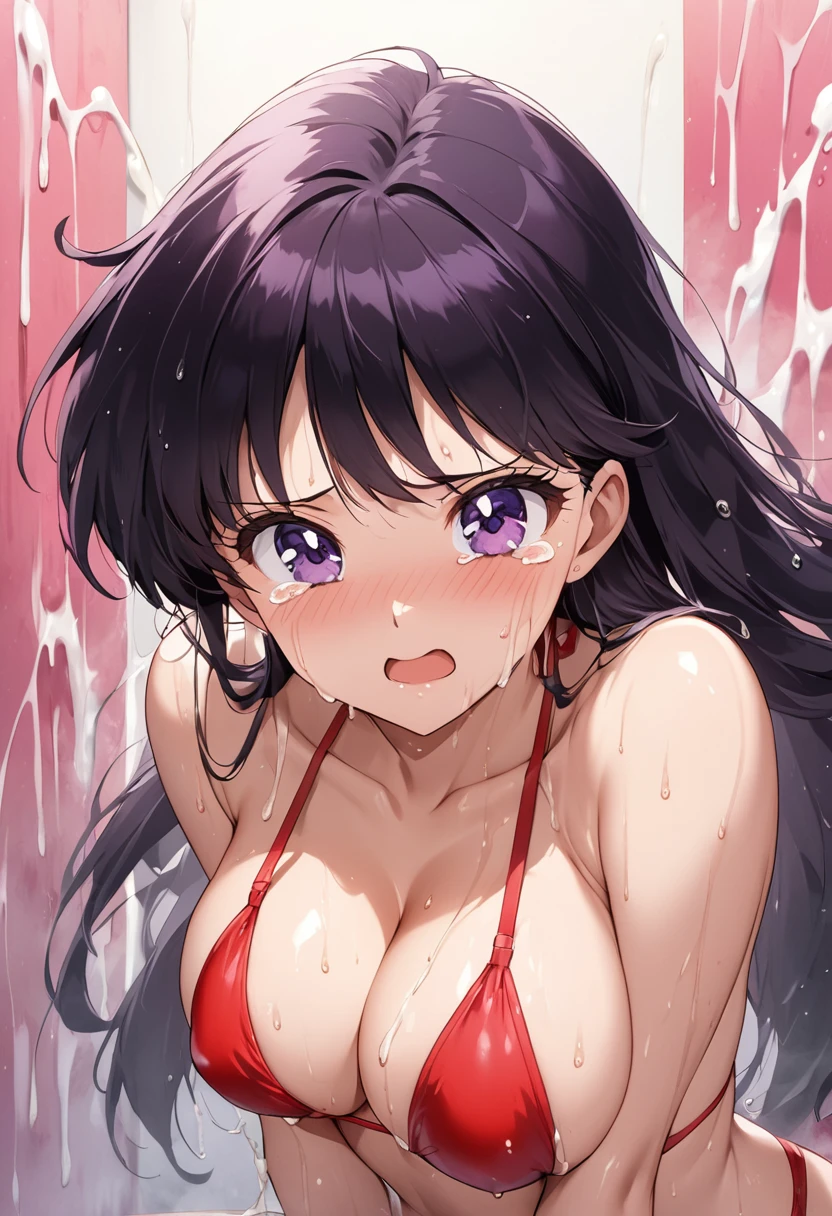 masterpiece, Highest quality, High resolution,(Rei Hino),1990s \(style\),Red swimsuit、Red Bikini,(D-cup beautiful breasts),tall,Small face、9 heads,Sweating all over the body、vapor、Hosomi、(sexy),A face writhing in pleasure、The whole body is covered in sex fluids、Sweaty、Front composition、look up、Crying face、Semen splattered on face、Anime-style painting style,Black Hair、Long Hair,Composition focusing on the upper body,(One Woman)