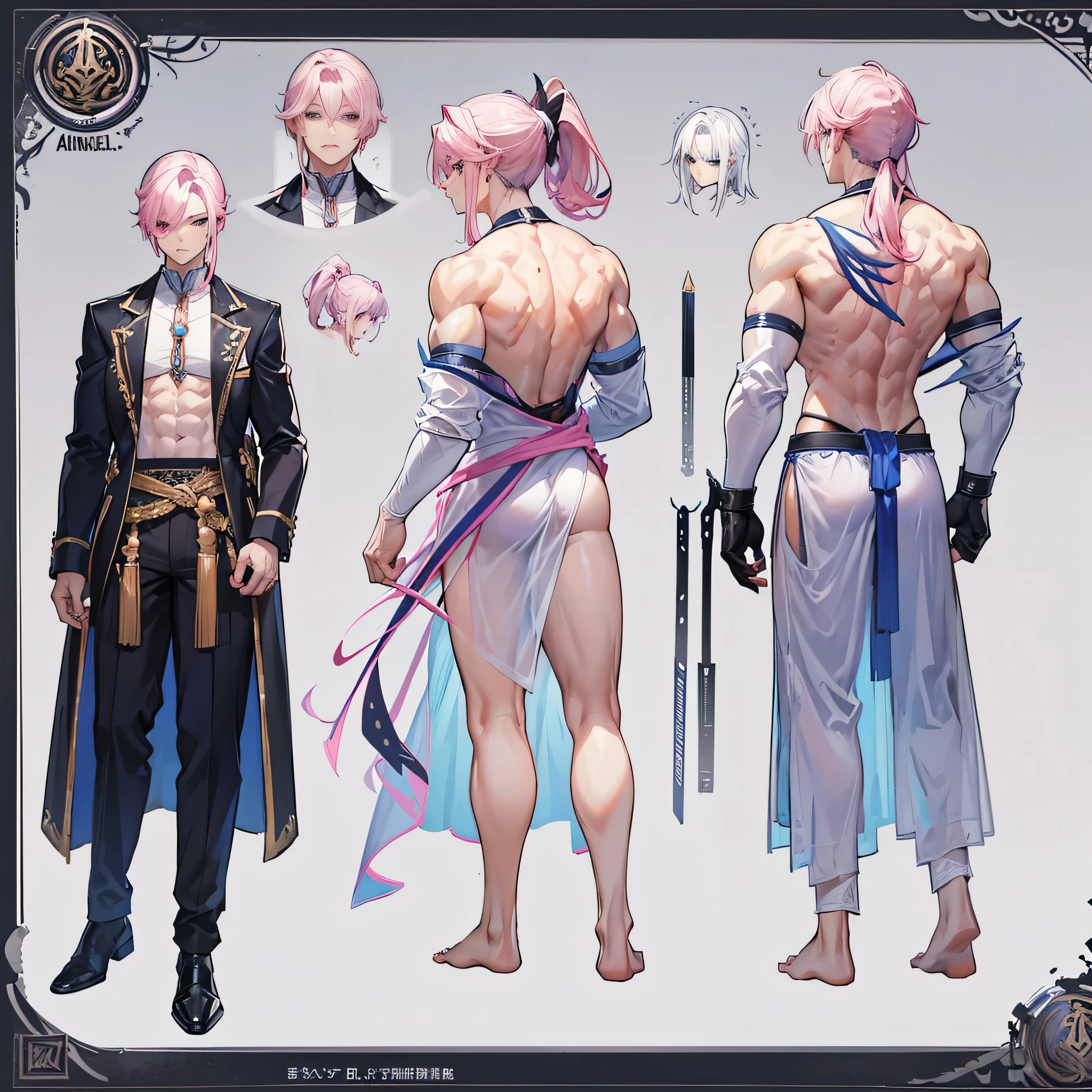 (Masterpiece, best quality), detailed, 1 man, ((character concept art)), ((character design sheet, same character, front, side, back)), full body, body complete, 1 Male angel, 1 Man angel, Detailed face, character design sheet,full bodyesbian, Highly detailed, character sheet, character design, Many parts, dark skin, angel wings, ponytail pink hair, angel outfit, muscle male god, male clothes, masculine, muscle man, male muscle, manly, male angel, Muscle male ponytail pink hair,beautiful man, beautiful muscle man, abs, pectoral muscle