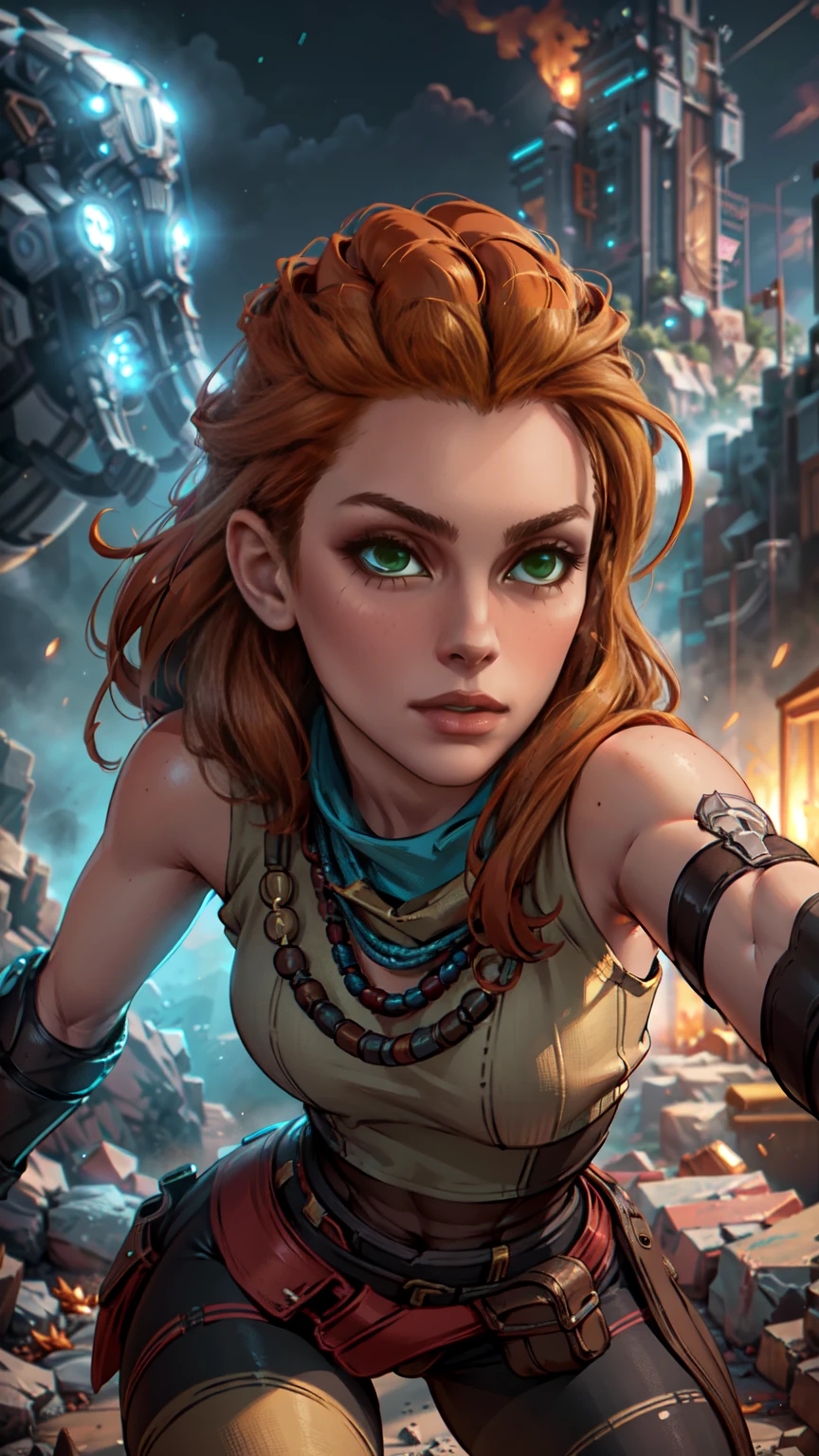 beautiful detailed eyes, beautiful detailed lips, extremely detailed eyes and face, long eyelashes, 1girl, cosplay, Kim Possible cosplays as Aloy from Horizon games, intricate detailed costume, high quality 3D render, cinematic lighting, photorealistic, hyper detailed, vibrant colors, warm lighting, dramatic pose, dynamic action, epic fantasy, human anatomy, human proportions 