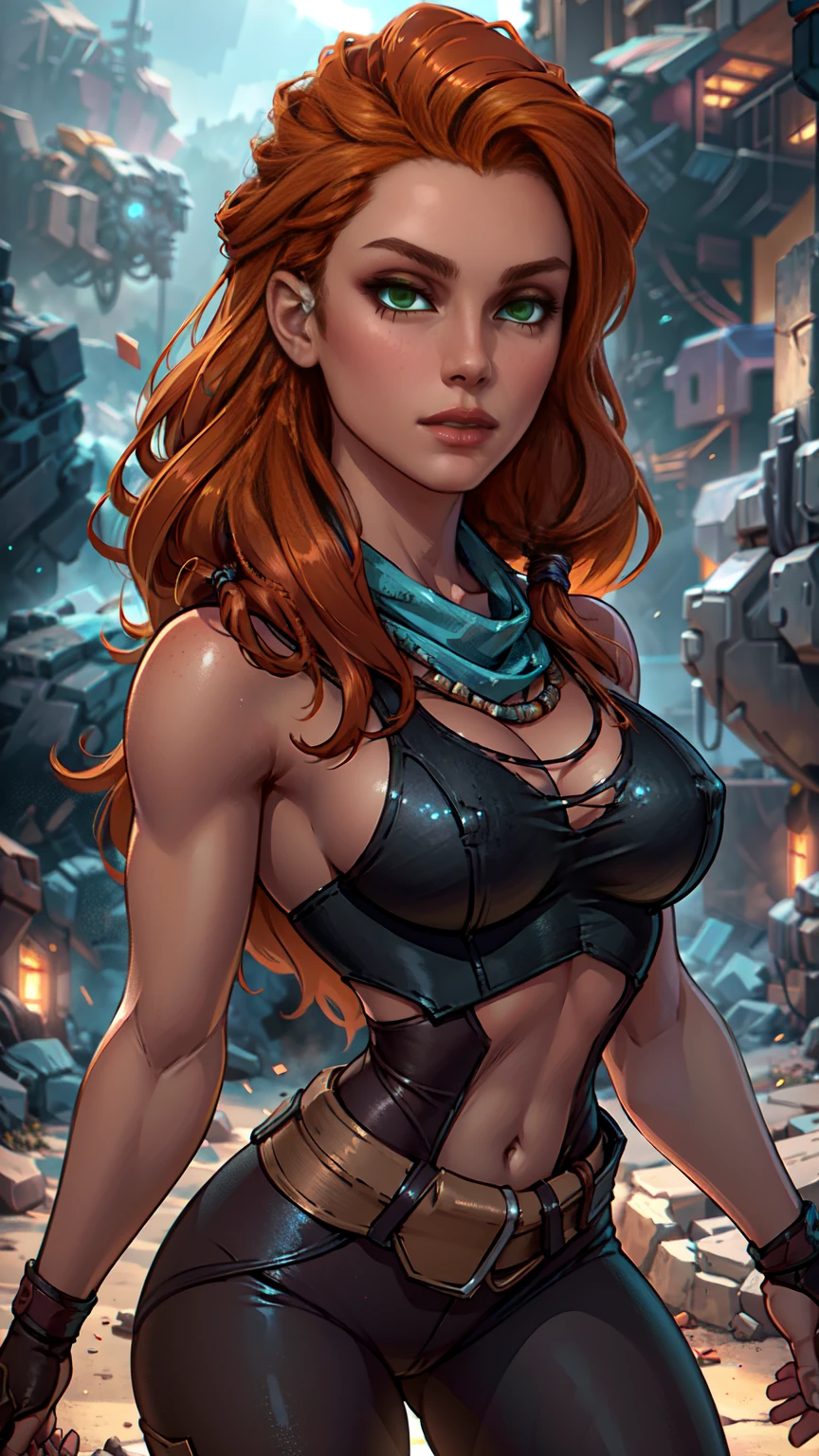 beautiful detailed eyes, beautiful detailed lips, extremely detailed eyes and face, long eyelashes, 1girl, cosplay, Kim Possible cosplays as Aloy from Horizon games, intricate detailed costume, high quality 3D render, cinematic lighting, photorealistic, hyper detailed, vibrant colors, warm lighting, dramatic pose, dynamic action, epic fantasy, human anatomy, human proportions