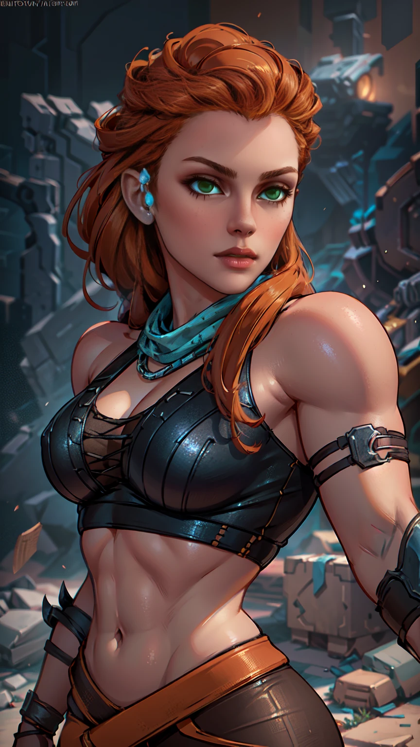 beautiful detailed eyes, beautiful detailed lips, extremely detailed eyes and face, long eyelashes, 1girl, cosplay, Kim Possible cosplays as Aloy from Horizon games, intricate detailed costume, high quality 3D render, cinematic lighting, photorealistic, hyper detailed, vibrant colors, warm lighting, dramatic pose, dynamic action, epic fantasy, human anatomy, human proportions 