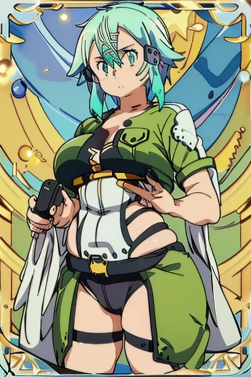 1girl, green hair, green eyes, big boobs, glasses, laboratory, crop white jacket, toxic, serum, gold armor, sparkling, green liquid, prone on water, cross leg, splash liquid, gold chain