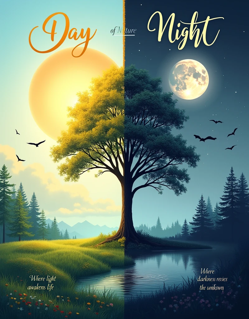 Create a poster titled "Duality of Nature" with two distinct panels:
**Left Panel: "Day"**
- Background: Gradient from light blue at the top to soft yellow at the bottom.
- Imagery: A large, radiant sun; a lush green meadow with wildflowers; a tall tree with vibrant leaves; birds in mid-flight; a gentle stream with sparkling highlights.
- Text: "Day" in elegant, flowing script at the top in golden-yellow; quote at the bottom, "Where light awakens life" in smaller, italicized text.
**Right Panel: "Night"**
- Background: Gradient from deep indigo at the top to soft, dark purple at the bottom.
- Imagery: A glowing full moon; a dark, serene forest with shadowy trees; the same tree from the left panel, now bare; bats flying across the moon; a calm, reflective lake; twinkling stars and a faint Milky Way band.
- Text: "Night" in bold, serif font at the top in silver-white; quote at the bottom, "Where darkness reveals the unknown" in smaller, italicized text.
**Overall Design:**
- Divider: A thin, vertical line running down the center, blending from gold on the left side to silver on the right side.
- Balance: The two panels mirror each other in composition, with the tree and natural elements as focal points.
- Typography: Elegant and flowing for "Day," bold and mysterious for "Night."