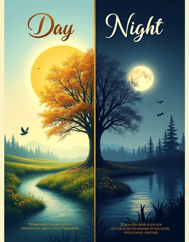 Create a poster titled "Duality of Nature" with two distinct panels:

**Left Panel: "Day"**
- Background: Gradient from light blue at the top to soft yellow at the bottom.
- Imagery: A large, radiant sun; a lush green meadow with wildflowers; a tall tree with vibrant leaves; birds in mid-flight; a gentle stream with sparkling highlights.
- Text: "Day" in elegant, flowing script at the top in golden-yellow; quote at the bottom, "Where light awakens life" in smaller, italicized text.

**Right Panel: "Night"**
- Background: Gradient from deep indigo at the top to soft, dark purple at the bottom.
- Imagery: A glowing full moon; a dark, serene forest with shadowy trees; the same tree from the left panel, now bare; bats flying across the moon; a calm, reflective lake; twinkling stars and a faint Milky Way band.
- Text: "Night" in bold, serif font at the top in silver-white; quote at the bottom, "Where darkness reveals the unknown" in smaller, italicized text.

**Overall Design:**
- Divider: A thin, vertical line running down the center, blending from gold on the left side to silver on the right side.
- Balance: The two panels mirror each other in composition, with the tree and natural elements as focal points.
- Typography: Elegant and flowing for "Day," bold and mysterious for "Night."