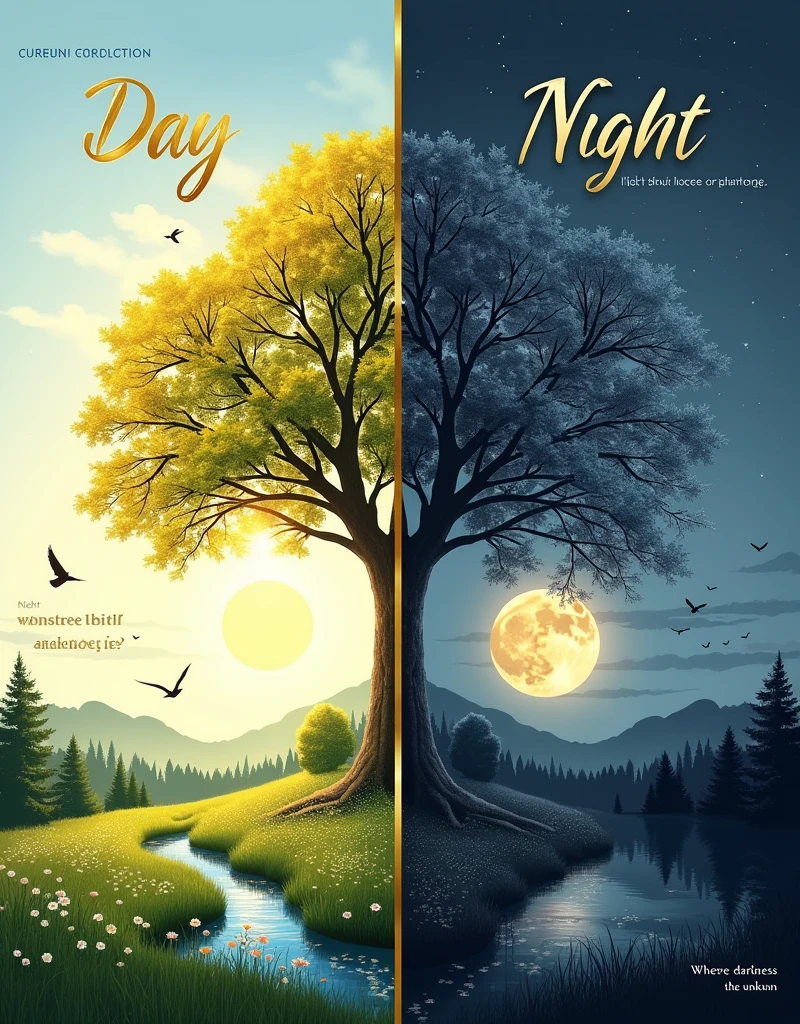 Create a poster titled "Duality of Nature" with two distinct panels:

**Left Panel: "Day"**
- Background: Gradient from light blue at the top to soft yellow at the bottom.
- Imagery: A large, radiant sun; a lush green meadow with wildflowers; a tall tree with vibrant leaves; birds in mid-flight; a gentle stream with sparkling highlights.
- Text: "Day" in elegant, flowing script at the top in golden-yellow; quote at the bottom, "Where light awakens life" in smaller, italicized text.

**Right Panel: "Night"**
- Background: Gradient from deep indigo at the top to soft, dark purple at the bottom.
- Imagery: A glowing full moon; a dark, serene forest with shadowy trees; the same tree from the left panel, now bare; bats flying across the moon; a calm, reflective lake; twinkling stars and a faint Milky Way band.
- Text: "Night" in bold, serif font at the top in silver-white; quote at the bottom, "Where darkness reveals the unknown" in smaller, italicized text.

**Overall Design:**
- Divider: A thin, vertical line running down the center, blending from gold on the left side to silver on the right side.
- Balance: The two panels mirror each other in composition, with the tree and natural elements as focal points.
- Typography: Elegant and flowing for "Day," bold and mysterious for "Night."
