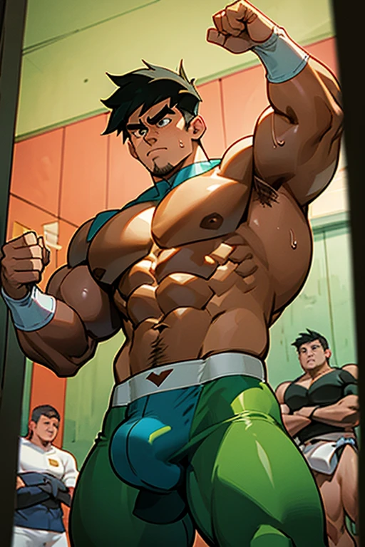 Danny Fenton from Danny Phantom animated series as a big dumb teenage muscular bodybuilder jock in a locker room flexing and staring blankly with mouth gaping open as his eyes glow under hypnosis as he repeats, "Bigger... Dumber.... Must obey.... More like a jock bro every day.... Yes, Coach. I obey. Huhuhuhuh.... Sweaty brutes must obey.... Sweaty brutes do what you say.... Big ... sweaty ... musky jock bro.... The muscles must grow. The old smarts must go.... Recruit the nerds and watch them grow. Make them like us, ... more big dumb jock bros. Huhuhuh.... We will grow. We will spread. We will make more dumb jocks.... We will grow... We will spread... We will make more dumb jocks.... We will grow. We will spread. We will make more dumb jocks.... Assimilate.... Grow.... Transform.... Become.... Convert.... Be a dumb jock...." in deep mindless emotionless voice with fellow hypnotized jocks to forget about catching ghosts and focus instead on training his body and obeying his coach. Mouth dropped open. Hyper swollen bulging crotch. Hyper muscles. Toned muscles. 5% body fat. Steam rising from armpits and shoulders. Big biceps. Big triceps. Broad shoulders. Big traps. Big lats. Big meaty pecs. Massive deltoids. Six-pack abs. Spherical glutes. Brainwashing. Hypnosis. Hypnotized. Bro. IQ drain. Dumber and dumber. Meathead. Musclehead. Mindless. Hypno. Mind control. Brain drain. Entranced. Brute. Brutification. Brain drain. brainwashed. brainwash. Meathead jock bro assimilation. Mindless. Brainless. Empty stare. Hairy pecs. Hairy armpits. Treasure trail.