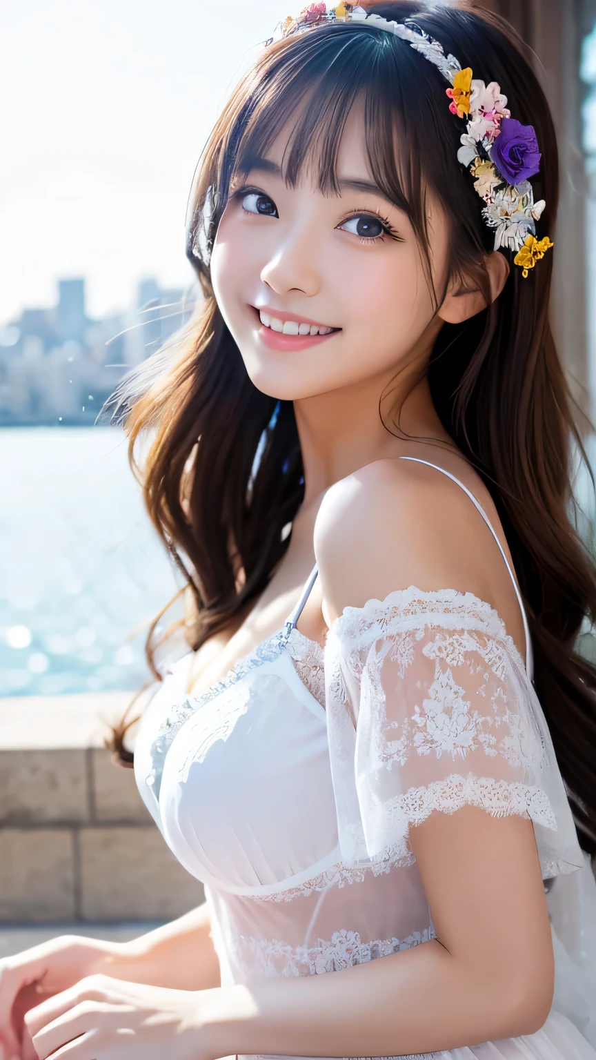 (Realistic), (High resolution), (8K), (Very detailed), (Highest quality), (Ultra-detailed), (masterpiece), (Long Hair), Daytime、Thin eyebrows、Cute face、Japanese、Summer clothes、Laughter、front、whole body、The hairstyle fits、Touching the cheek with the hand