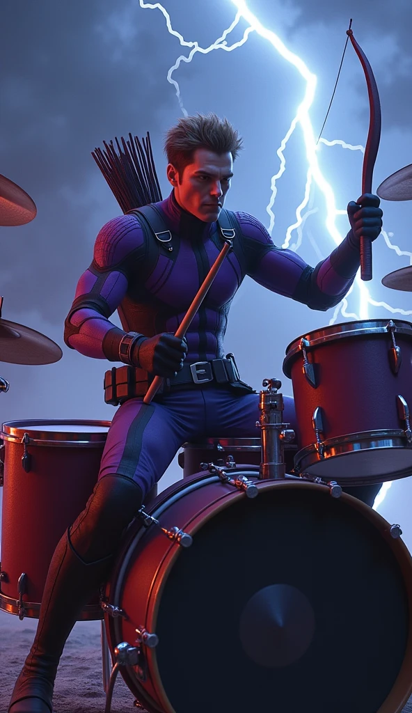 Rock Hawkeye marvel holding a stick sitting playing drums with a background of thunder and very rock vibes.