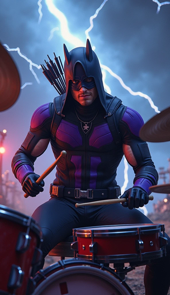 Rock Hawkeye marvel holding a stick sitting playing drums with a background of thunder and very rock vibes.