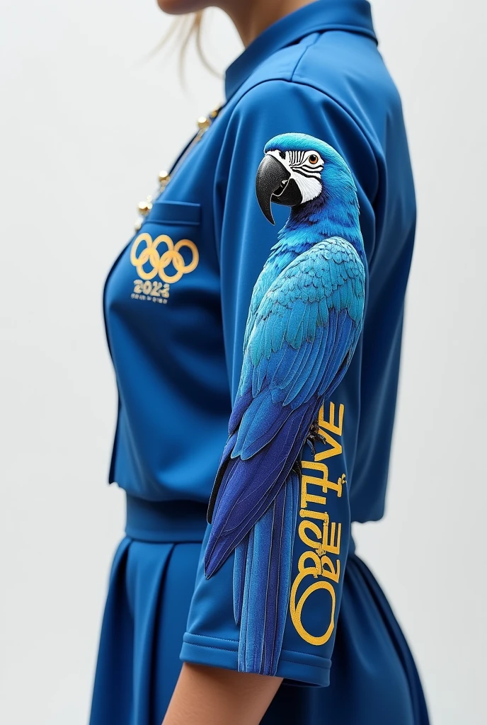 Create a Front and Back Half Sleeve Interclass Blouse (coasts) containing a blue macaw ,the olympic rings , school name (objective) and small silver details