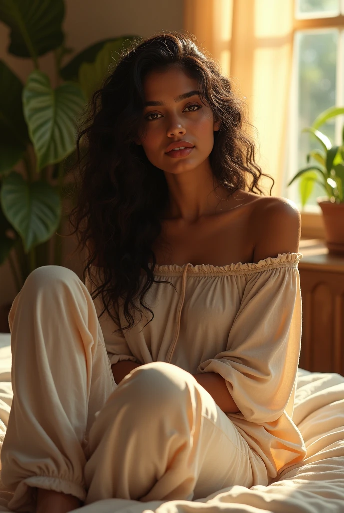 (photorealism:1.2), beautiful Indian woman, sitting on bed, wearing loose off-shoulder top, pajama pants, long curly hair, indoors, soft lighting, plants in background, window with sunlight, cozy room, relaxed pose, realistic, intricate details, warm colors, by Greg Rutkowski, by Alphonse Mucha