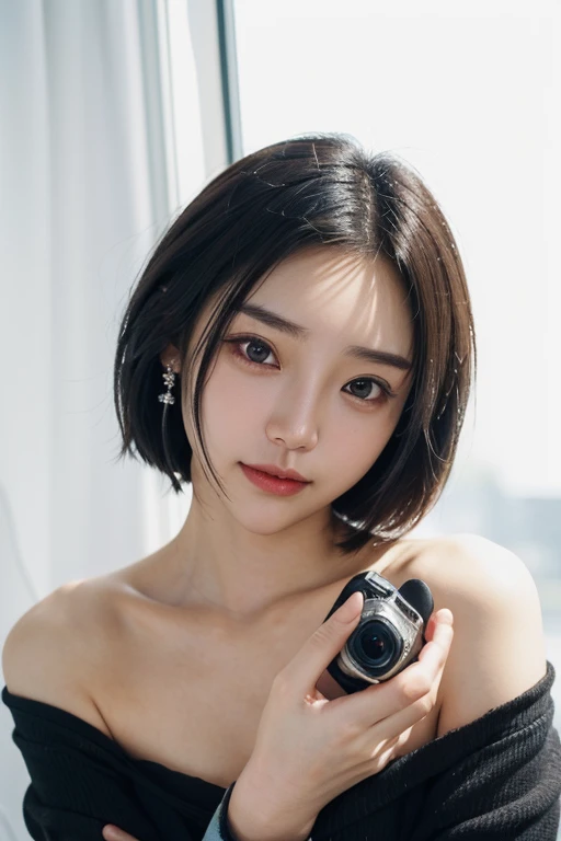 (2 Japanese girl,), (Small breasts:1.5,),(solo,Textured skin, Detailed skin,Detailed face,Detailed eyes,detailed posing,Natural eyebrows,Perfect limbs,High detail, Highest quality, Super detailed, Surrealism, ,8k,RAW Photos,Photographicism,Professional Lighting,Portrait Photography,),((Black Hair, Dark Eyes,Natural Makeup,Simple earrings,Bob Hair,happiness/joy)),(((Holding a single-lens reflex camera next to his face,Perfect camera)))
