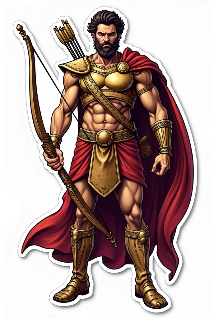 Apollo the god of sun wearing an armour and holding a bow and arrow and a lyre. Make him facing in front and his face a little fierce. No background, with bold outline, and sticker style. Make it just a half body. Make him holding the bow in his right hand, the lyre in his left hand, and the arrows at his back. Make the details a little simpler. Make him look like more "godlike" and wearing a cape. Where is the harp?