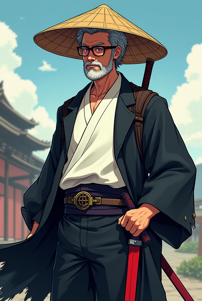 Japanese anime style, a middle-aged Japanese man with a strong stature, having a short beard and black lens glasses, purple eyes and gray hair, having a gentle expression and serene look, has clothes black pants and white dress shirt, carries a red katana at his waist, wearing a torn black wanderer&#39;s cloak and a straw hat