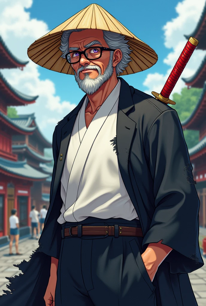 Japanese anime style, a middle-aged Japanese man with a strong stature, having a short beard and black lens glasses, purple eyes and gray hair, having a gentle expression and serene look, has clothes black pants and white dress shirt, carries a red katana at his waist, wearing a torn black wanderer's cloak and a straw hat
