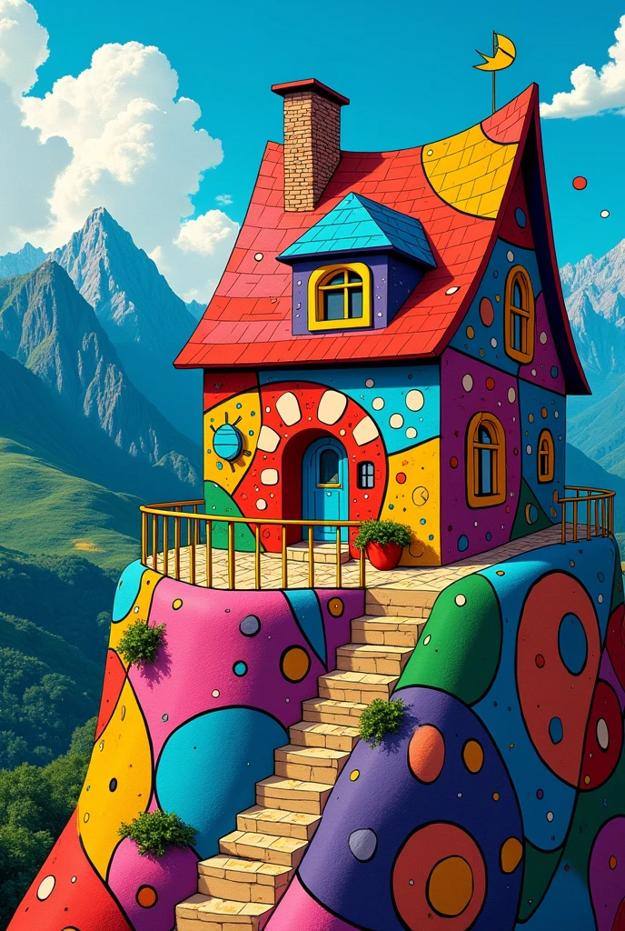 Create an image like the works of Romero Britto, a square image with a house on the mountain