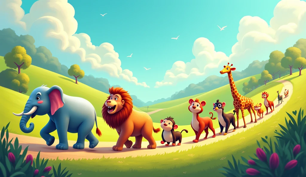 Here come the animals, one by one,
Marching in a line, having so much fun!