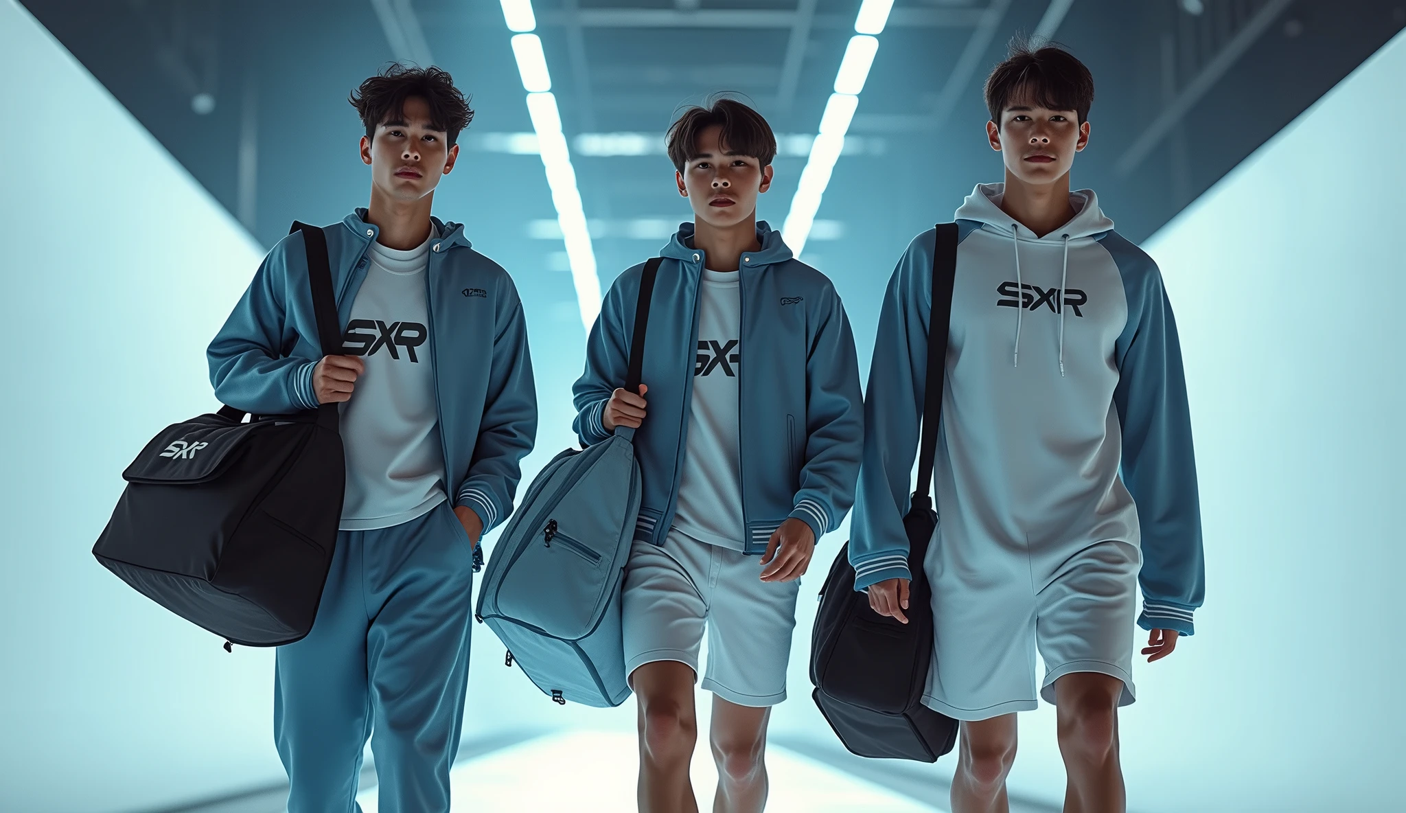 (photorealism:1.2), three sportwear fashion handsome 18 yrs. old, k pop Asian male model, runway show full body holding sports bag pack, tank top casual wear style, SXR logo design, ultra-detailed, film photography, light leaks, trending on sportwear, sharp focus, studio photo, futuristic details, highly detailed