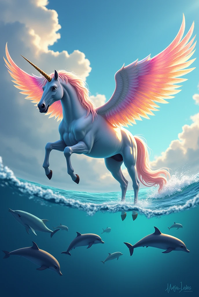 Make me a unicorn with dolphins with colors but the unicorn above with wings with rainbows more defined And the unicorn above the water with the dolphins missing colors