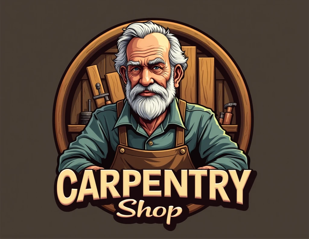 EYE-CATCHING LOGO FOR A CARPENTRY SHOP WHERE AN OLD MAN APPEARS AS THE BOSS 