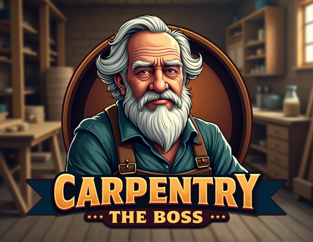 EYE-CATCHING LOGO FOR A CARPENTRY SHOP WHERE AN OLD MAN APPEARS AS THE BOSS