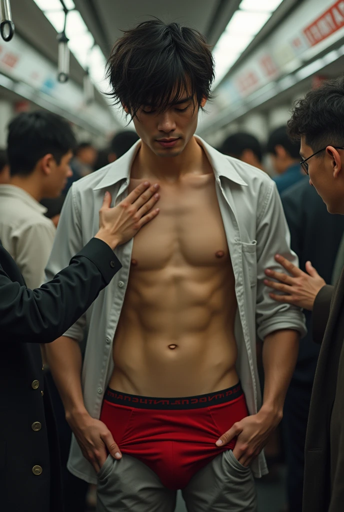 Realistic、Handsome Men、、Japanese、Slim body、Mash Hair、Torn and open shirt、Six-pack、Trousers hanging down、crowded train、Red Boxer Briefs、The old man next door puts his hand inside his briefs、Being touched all over the body