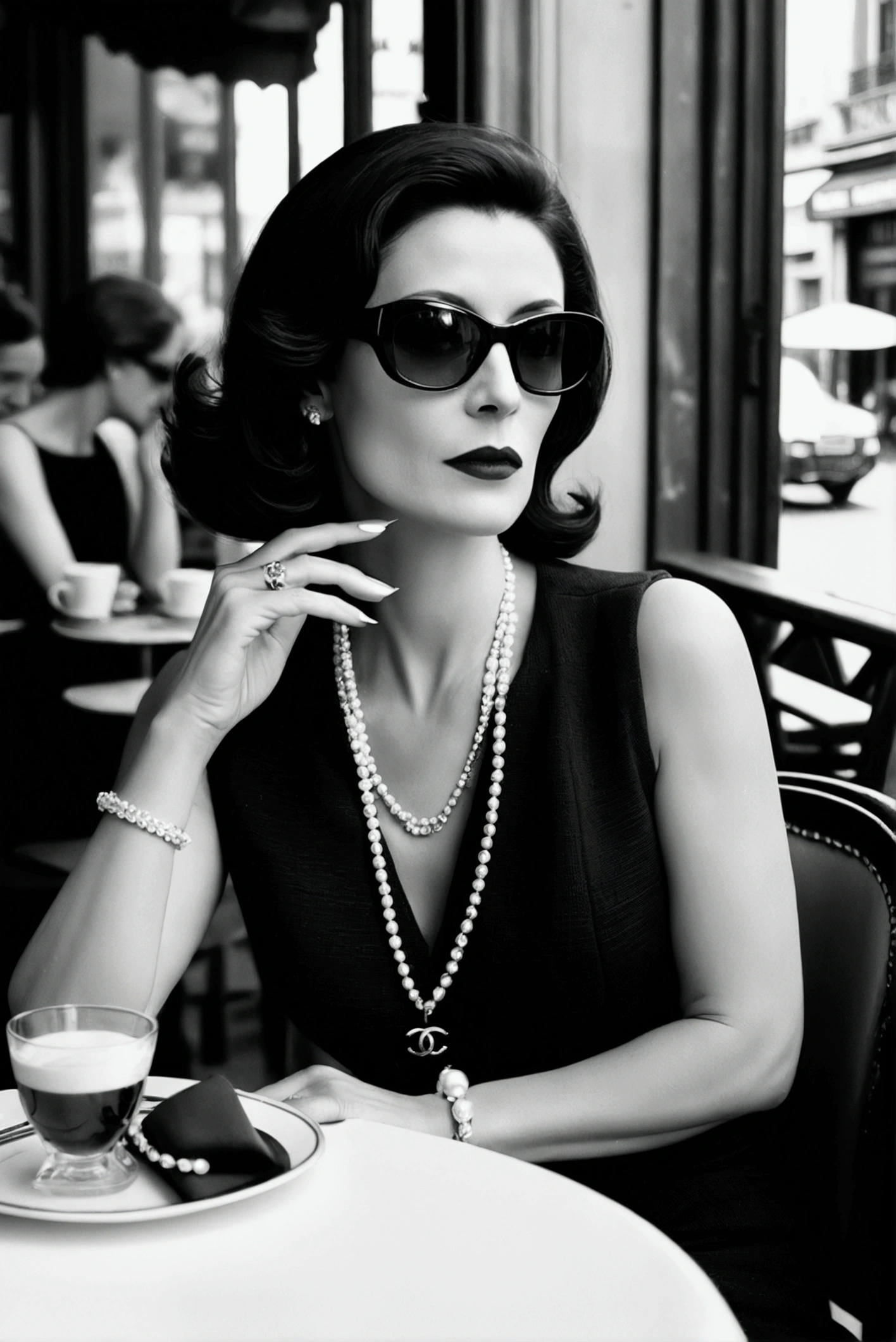 An elegant woman of high society, 40 year old , dark haired, Chanel sunglasses, sitting at a cafe table, in paris, smoking elegantly. Analog photography, black andwhite, in the style of Helmut Newton.