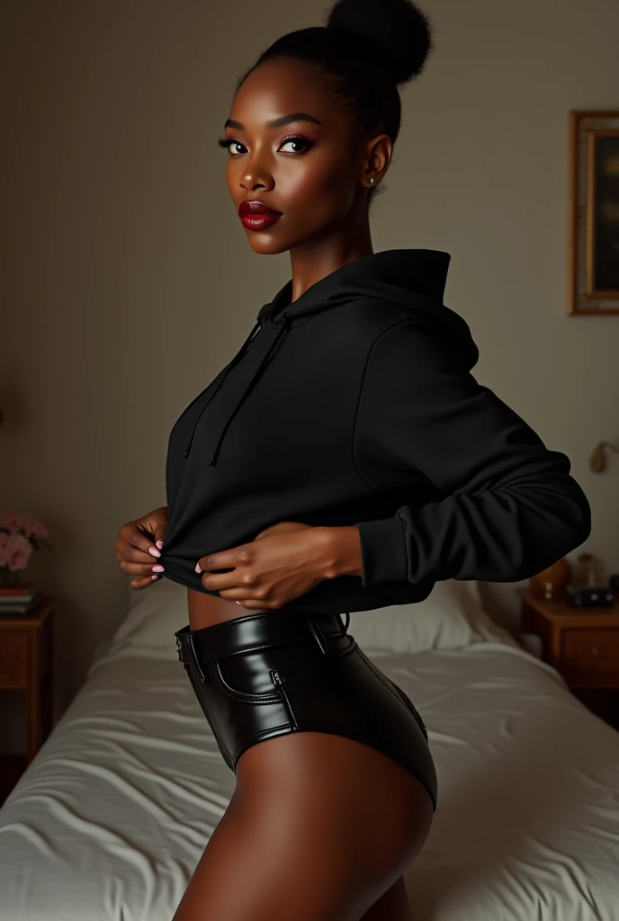 black woman hair in a bun black hoodie bending over pulling up her black leather short shorts up her legs. in her bedroom putting on her clothes