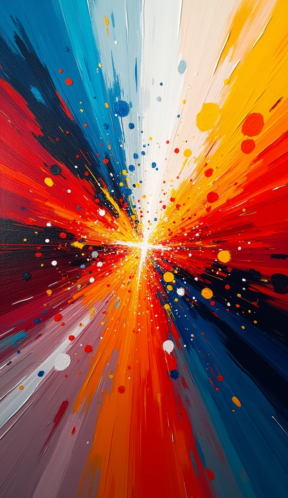 A vibrant abstract expressionist artwork featuring dynamic, bold strokes and splashes of bright colors like red, blue, orange, and yellow. The painting should have a sense of explosive energy and movement, with the colors radiating outward from a central point, creating a burst of vibrant hues. The composition should evoke a feeling of controlled chaos, with the interplay of colors and forms capturing the spontaneity and emotion characteristic of action painting.